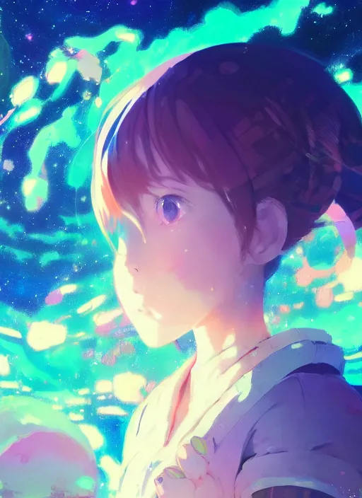 Prompt: portrait of a very cute girl, very psychedelic space background illustration concept art anime key visual, very trippy and abstract, trending pixiv fanbox by wlop and greg rutkowski and makoto shinkai and studio ghibli and kyoto animation
