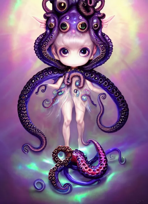 Image similar to A full shot of a cute magical monster Cryptid wearing a dress made of opals and tentacles. Chibi. Subsurface Scattering. Translucent Skin. Caustics. Prismatic light. defined facial features, symmetrical facial features. Opalescent surface. Soft Lighting. beautiful lighting. By Giger and Ruan Jia and Artgerm and WLOP and William-Adolphe Bouguereau and Loish and Lisa Frank. Sailor Moon. trending on artstation, featured on pixiv, award winning, sharp, details, intricate details, realistic, Hyper-detailed, HD, HDR, 4K, 8K.