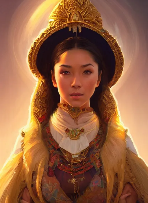 Image similar to portrait of russian mexican asian girl jodhpurs hyperborea lemuria, deep focus, d & d, fantasy, intricate, elegant, highly detailed, digital painting, artstation, concept art, matte, sharp focus, illustration, hearthstone, art by rhads by artgerm and greg rutkowski and alphonse mucha