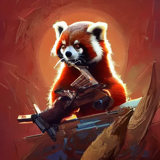 Prompt: red panda as defcon character, digital illustration portrait design, by android jones and greg rutkowski, retrowave color scheme, detailed, cinematic lighting, wide angle action dynamic portrait