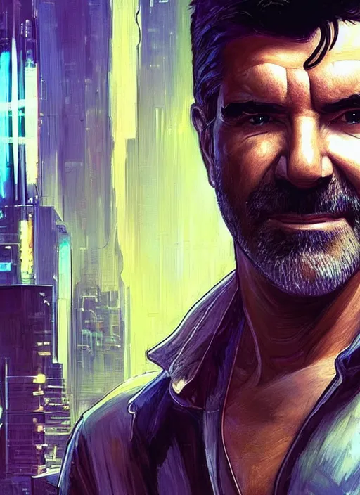 Prompt: portrait of Simon Cowell as a homeless character in Cyberpunk 2077, looking at camera, intricate, dystopian, sci-fi, extremely detailed, digital painting, artstation, concept art, smooth, sharp focus, illustration, intimidating lighting, incredible art by artgerm and greg rutkowski and alphonse mucha and simon stalenhag