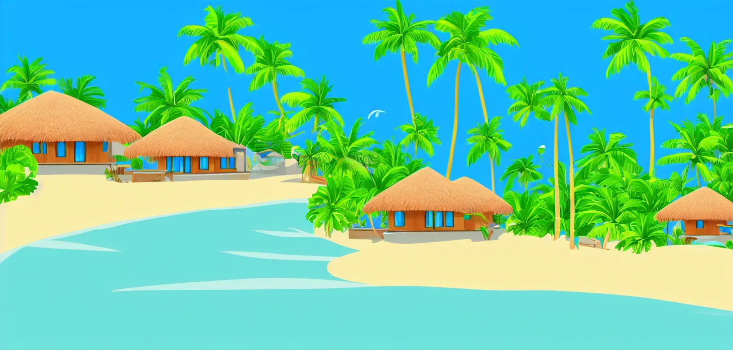 Prompt: modern bungalows on island resort beach, tropical summer landscape with houses on piles with terrace, palm trees, vector art, flat art
