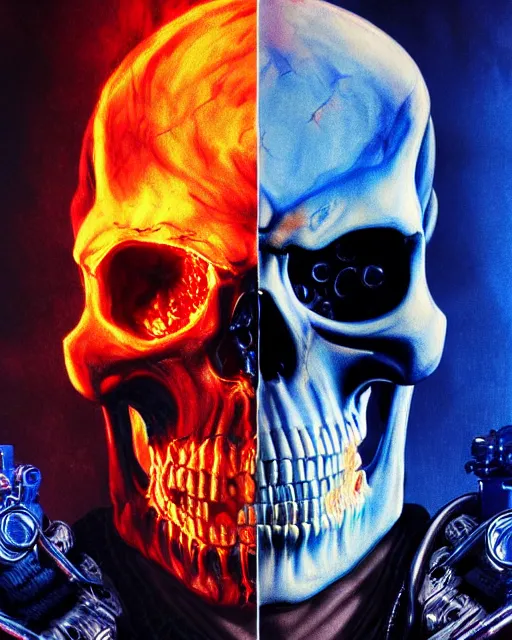 Image similar to blue fiery eyes spawn - terminator skull - ghost rider - hybrid, supervillains, intricate artwork, concept art, eyes octane render, deviant art, cinematic, key art, hyperrealism, iridescent accents, portrait photograph, in hell, nikon 3 5 mm, ridley scott, frank miller, moebius, dan mumford, jim lee