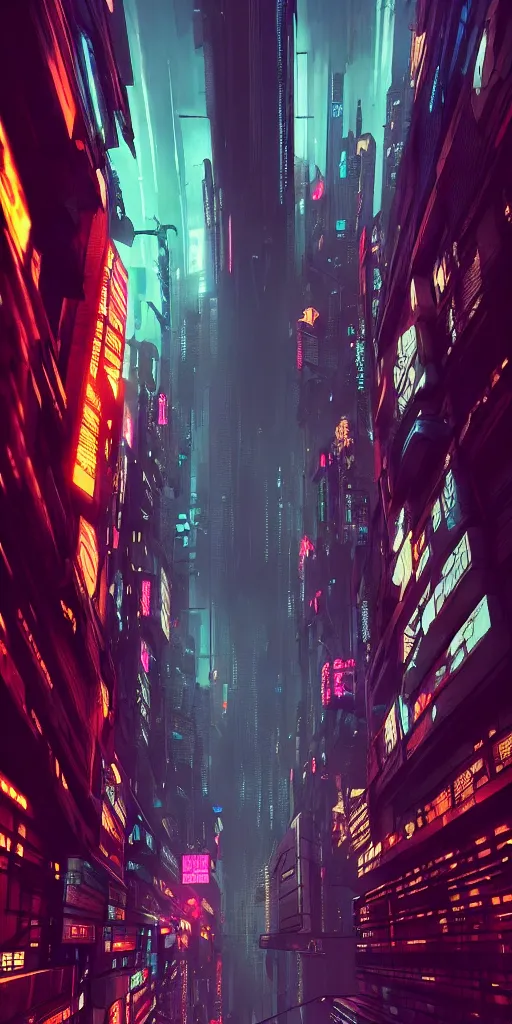 Image similar to low angle, epic cyberpunk cityscape :: blade runner, James Guilleard, beeple ,laurie greasley, dan mcpharlin :: ornate, dynamic, particulate, rich colors, intricate, elegant, highly detailed, centered, artstation, smooth, sharp focus, octane render, 3d