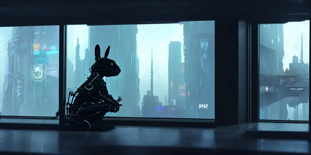 Image similar to a black water rabbit with biomechanical cybernetic body is watches the news on his smartphone near a window with dystopian city visible outside. very detailed 8 k. cyberpunk fantasy style. unreal engine render. global illumination. nanite. rtx. path tracing.