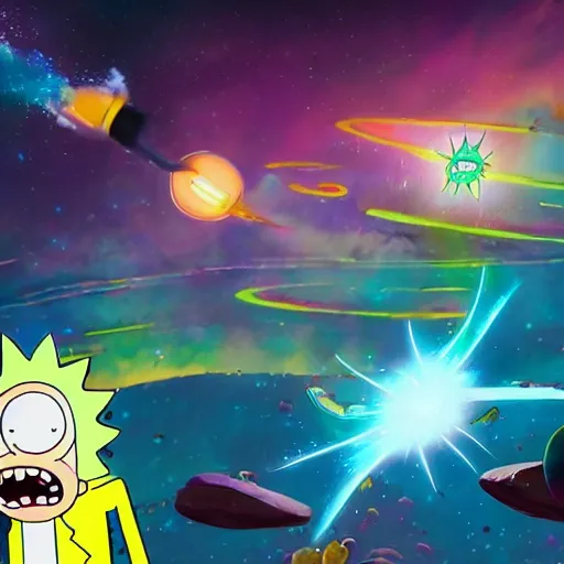 Image similar to rick and morty battle spongebob squarepants in space, galaxy, hd, explosions, gunfire, lasers, spatula, giant, epic, showdown, colorful, realistic photograph, unreal engine, movie