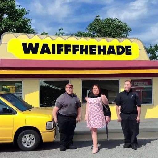 Image similar to wafflehouse employee's standing below wafflehouse sign