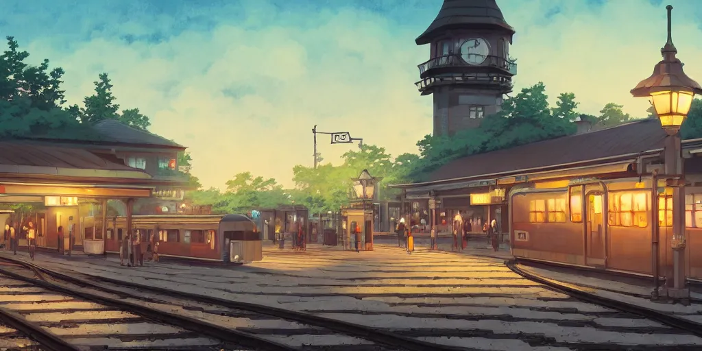 Image similar to at a train station, evening, detailed matte painting, low angle view, telephoto lens, bokeh, studio ghibli, artstation