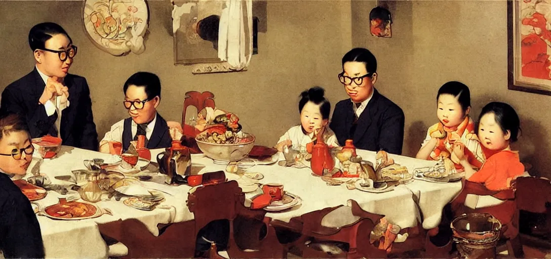 Prompt: a young asian family sitting at dining room, the table is full of food, animal figurine placing around family, garden behind the glasses, daylight, the sky is on fire. by leyendecker and dean cornwell