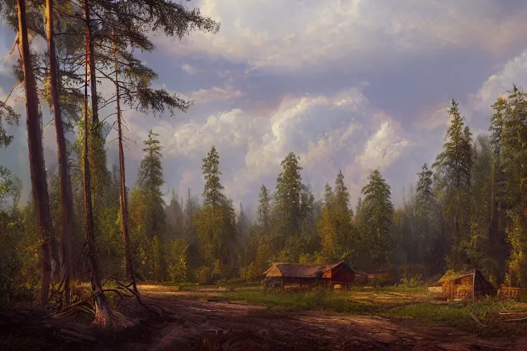 Image similar to A beautiful painting of russian village in dark forest by ivan shishkin and arkhip kuindji, trending on artstation, matte painting
