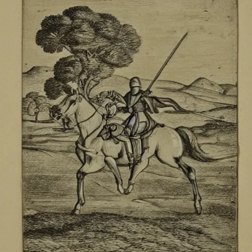 Prompt: a knight on a horse landscape, engraving drawing, 1 6 0 0 s, beautiful