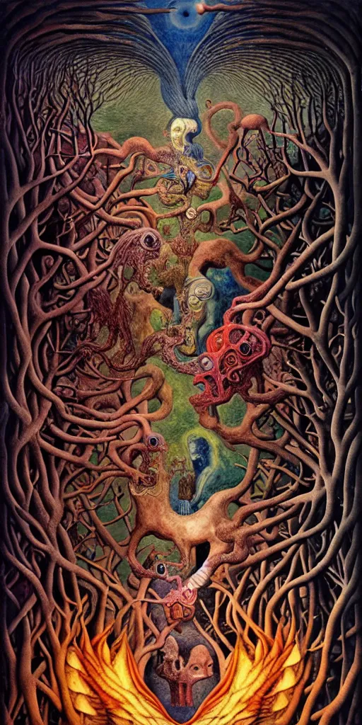 Image similar to mythical creatures and monsters in the visceral anatomical human heart imaginal realm of the collective unconscious, in a dark surreal mixed media oil painting by johfra, mc escher and ronny khalil, dramatic lighting from inner fire