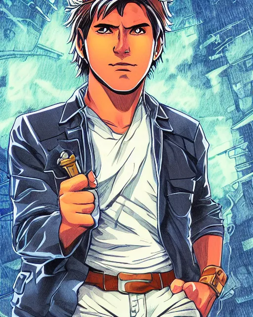 Image similar to Digital color pen drawing of young Harrison Ford from JoJo\'s Bizzare Adventure, highly detailed, sharp focus, screentone shading, 1990 manga panel, trending on ArtStation, manga cover art drawn by Hirohiko Araki