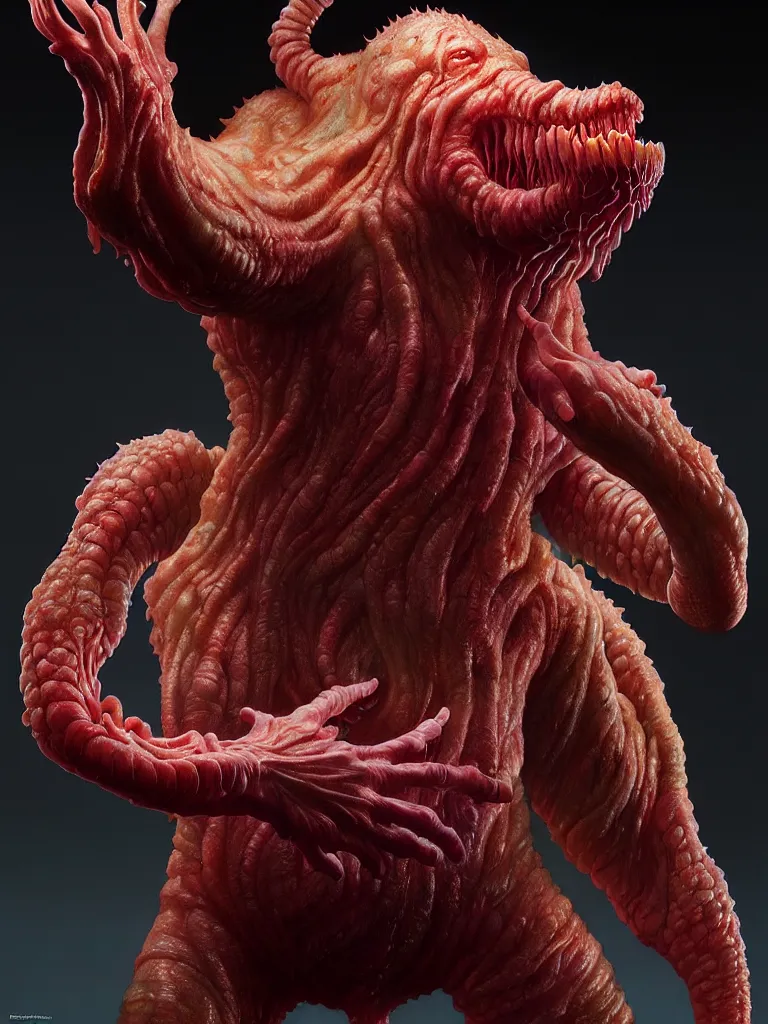 Image similar to hyperrealistic rendering, fat smooth cronenberg flesh monster final fantasy behemoth by donato giancola and greg rutkowski and wayne barlow and zdzisław beksinski, eyeballs, product photography, action figure, sofubi, studio lighting, colored gels, colored background