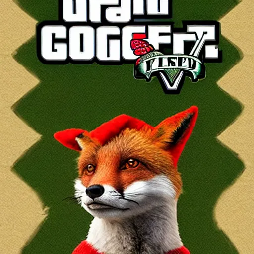 Prompt: fox wearing a christmas hat as a GTA V cover art