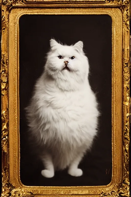 Image similar to a wet plate photo portrait of a magnificent fluffy fat royal cat on an embroidered velvet cushion on a neo - rococo gilded little bed, by david lachapelle, photorealistic, photography, wide shot