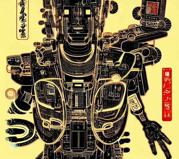 Image similar to futuristic japanese cyberpunk silk screen by utagawa yoshiiku, ohara koson, pixiv contest winner, cyberpunk style, cyberpunk color scheme, mechanical, robotic, human machine interface, high resolution, hd, 4 k