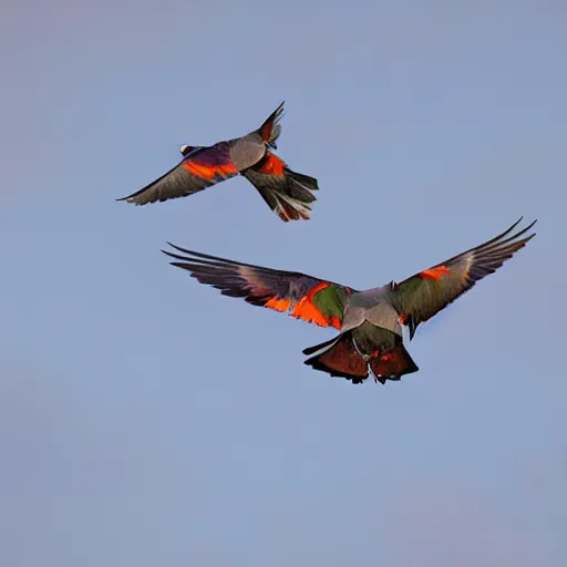 Image similar to pigeon and Phoenix flying together, purple and orange trails