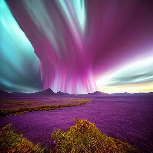 Image similar to amazing photo of a purple tornado in the sky by marc adamus, beautiful dramatic lighting