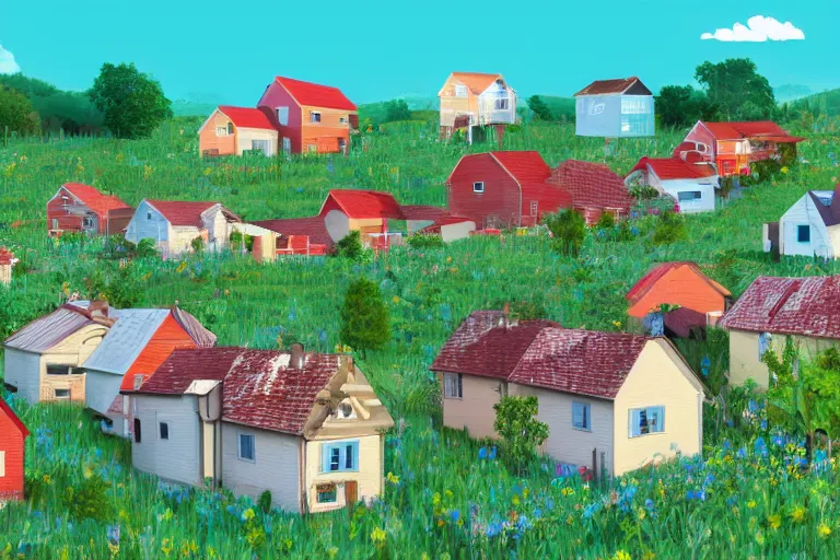 Image similar to rural houses sinking in the ground, clear blue sky, pop illustration, collage 4 k