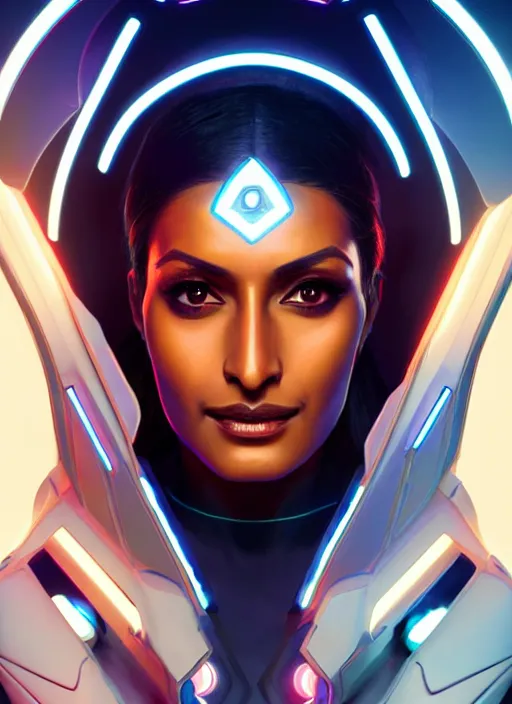 Image similar to symmetry portrait of symmetra from overwatch, closeup, sci - fi, tech wear, glowing lights intricate, elegant, highly detailed, digital painting, artstation, concept art, smooth, sharp focus, illustration, art by artgerm and greg rutkowski and alphonse mucha