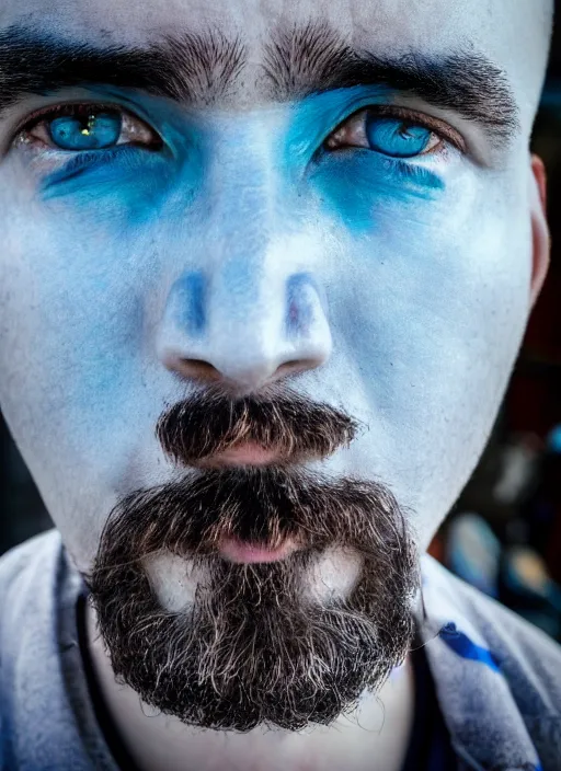 Image similar to fish eye lens close up photograph of a man with blue skin and a goatee side eyeing the camera with a sympathetic look