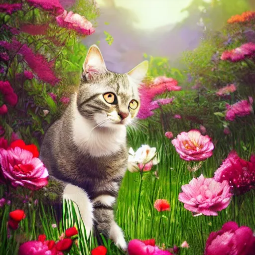 Image similar to photo of a cat in the blossoming garden, cat and flower, trending on artstation, super detailed, everything in a beautiful light, stylishly designed background, fantasy art, photoshop