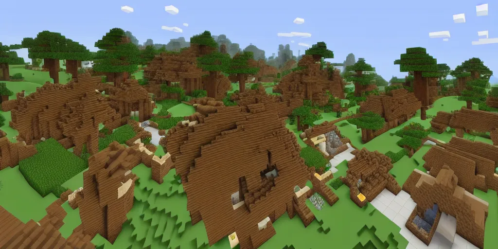 Prompt: Minecraft village being blown up, destruction