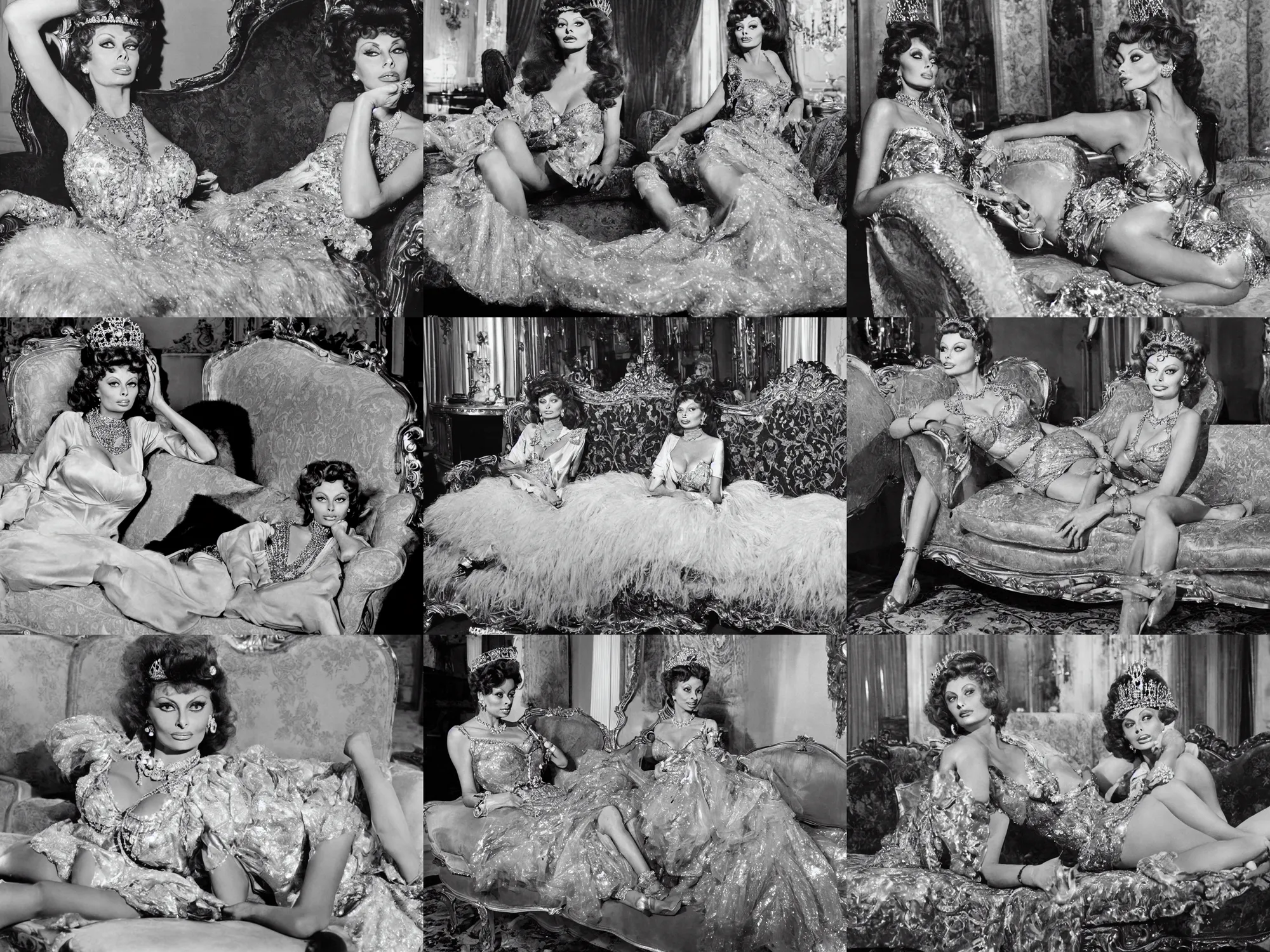 Prompt: a photo of young sophia loren, dressed as a queen, relaxing on antique luxury sofa, wearing tiara, opulent pearl necklace, royal gown, pizza margherita on sofa beside her, beautiful, stunning, golden lighting, exquisit details, masterpiece, burlesque photo by letizia battaglia