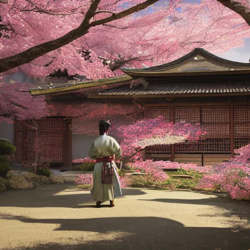 Prompt: hyperrealistic painting of a highly detailed photorealistical samurai, in the background traditional Japanese hut, cherry blossom trees outside, Feng Shui Style, cinematic concept art, art station, award winning art, 8k, octane render, unreal engine 5