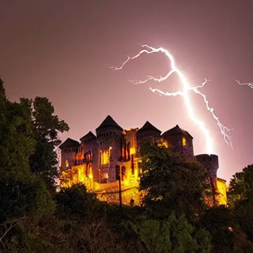 Image similar to a spooky castle on a hill illuminated by a lightning strike