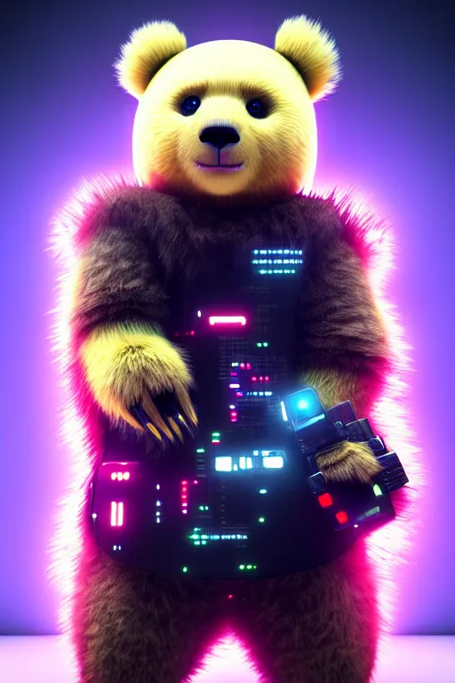 Image similar to high quality 3 d render very cute fluffy cyberpunk bear! plays electric guitar, cyberpunk highly detailed, unreal engine cinematic smooth, in the style of blade runner & detective pikachu, hannah yata charlie immer, moody light, low angle, uhd 8 k, sharp focus