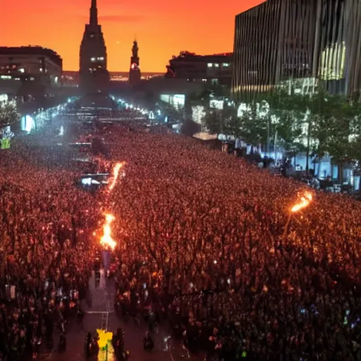 Image similar to 4 k wide angle gigantic army of mark zuckerberg robots during a protest with torch lighting at dusk