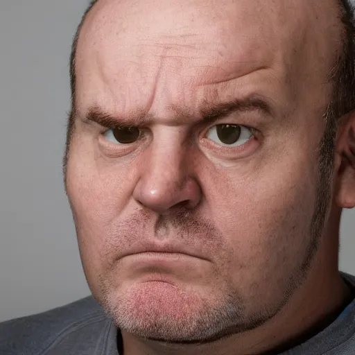 Image similar to an extremely angry, balding middle aged man looking at the camera