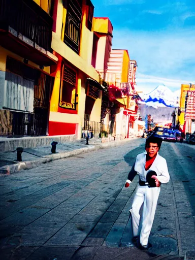 Prompt: a photography of elvis presley in the streets of la paz, with the illimani in the background, profesional photography, 1 4 mm, cinematic photography, high resolution, 8 k