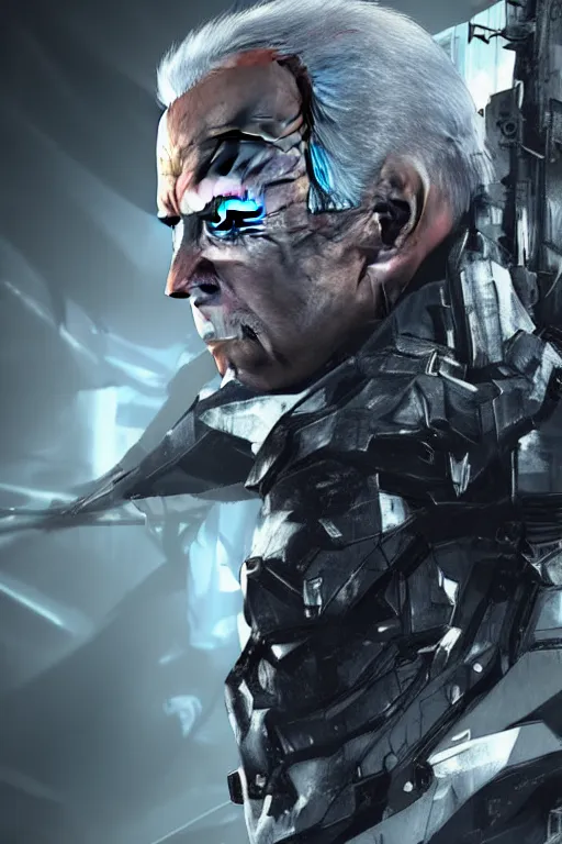 Image similar to joe biden in metal gear rising revengeance, metal gear rising, metal gear, joe biden, octane render, 8 k, realistic face, realistically proportioned head, realistically proportioned face