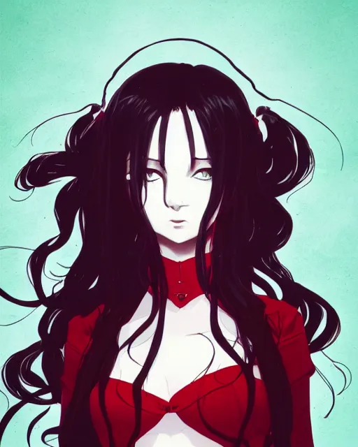 Image similar to vampire girl with wavy black hair wearing red, dark background, ink, cel shaded, anime, ilya kuvshinov, guweiz, svetlana tigai, greg rutkowski, studio trigger, ross tran, loish