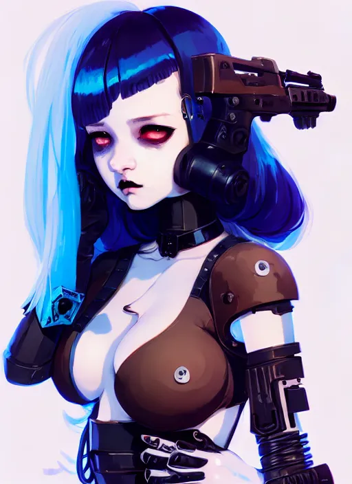 Image similar to portrait of cute goth girl in cyber bikini armor, face by ilya kuvshinov, warhammer, cyberpunk, by atey ghailan, by greg rutkowski, by greg tocchini, by james gilleard, by joe fenton, by kaethe butcher, dynamic lighting, gradient light blue, brown, blonde cream and white color in scheme, grunge aesthetic