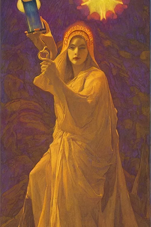 Image similar to queen of the new dawn with her lantern, by Annie Swynnerton and Nicholas Roerich and jean delville, dramatic cinematic lighting , ornate headdress , flowing robes, lost civilizations, extremely detailed