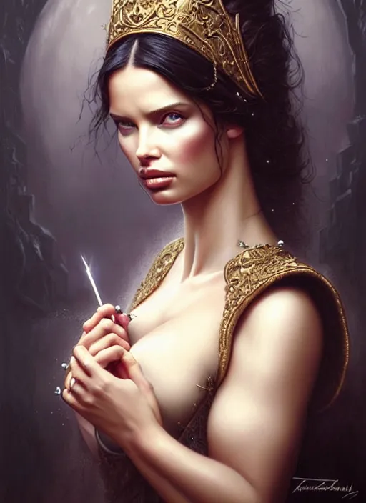 Image similar to a beautiful woman with baroque dress, adriana lima, painted by artgerm and tom bagshaw, fantasy art, dramatic lighting, highly detailed oil painting