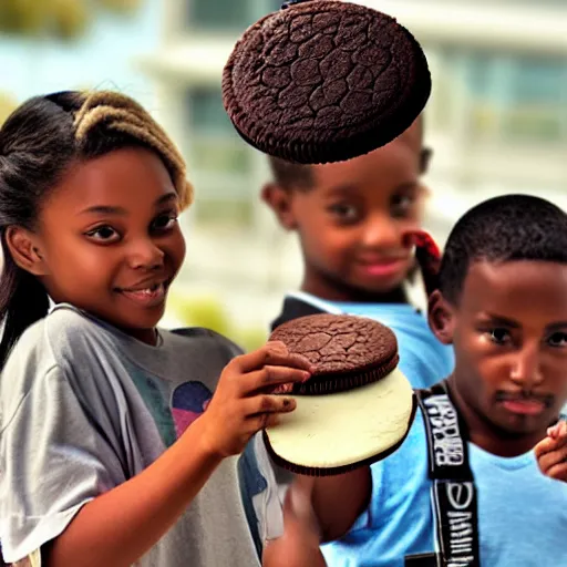 Prompt: kids feasting on a colossal oreo