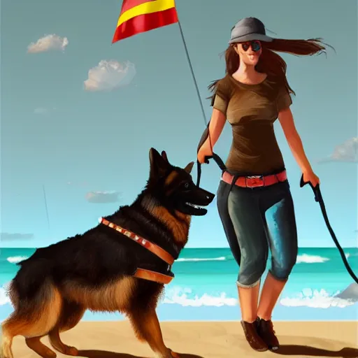 Image similar to girl riding a giant German shepherd at the beach, trending on artstation