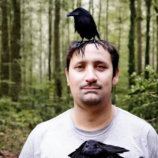 Image similar to mixture between a!! person and crow, photograph captured in a forest