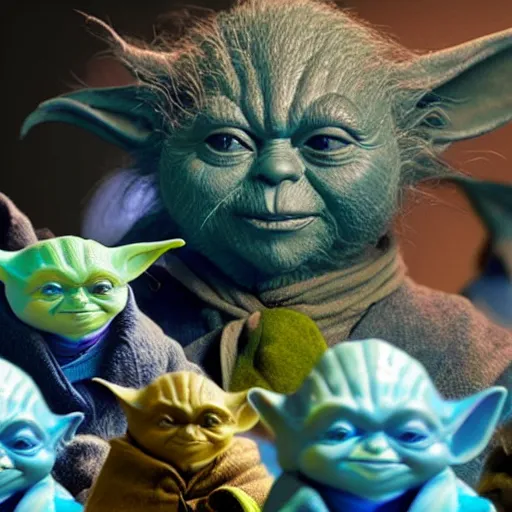 Prompt: blue Yoda surrounded by other members of his species of various colors