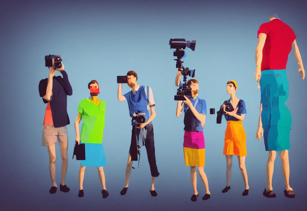 Image similar to full body portrait of a trio of european tourists with nikon cameras, various poses shooting photos, character designs painting, in the style of wes anderson, rene magritte, lola dupre, david hockney, isolated on white background, dark monochrome neon spraypaint accents volumetric octane render