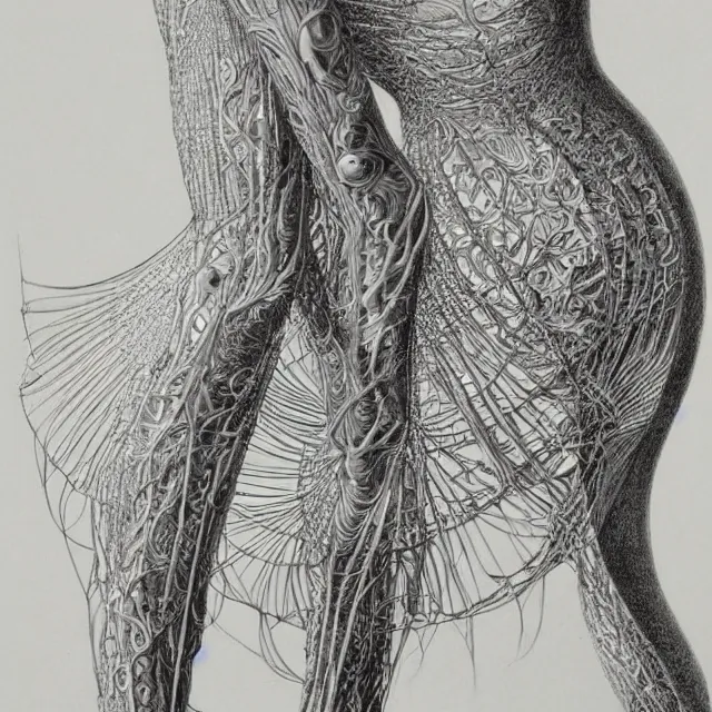 Image similar to hyper detailed bw linear pencil drawing, woman ballet dancer, organic symmetric shapes by ernst haeckel