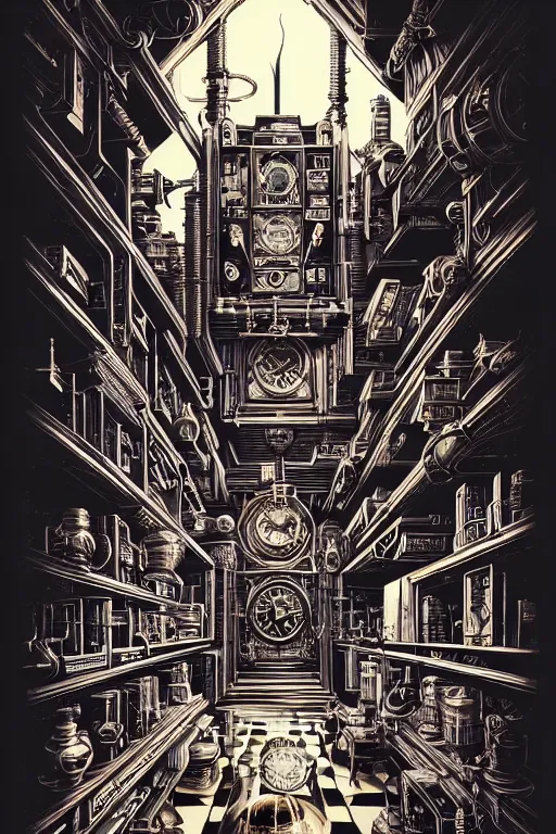 Image similar to a majestic steampunk alchemists bookshelf, two point perspective, furniture, high details, bold line art, by vincent di fate and joe fenton, inking, etching, screen print, masterpiece, trending on artstation, sharp, high contrast, hyper - detailed,, hd, 4 k, 8 k