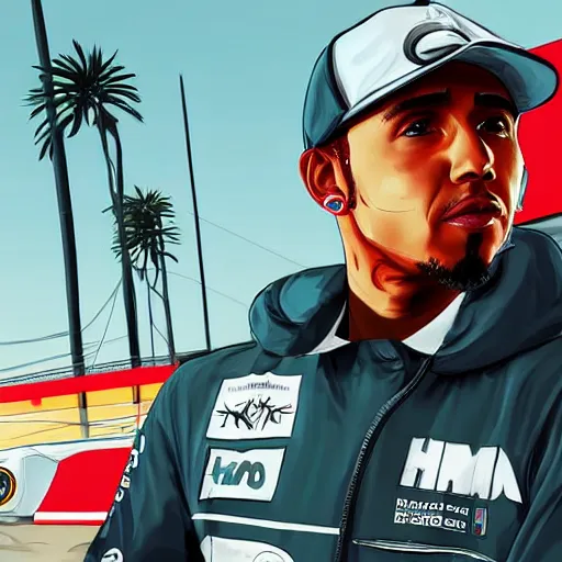 Image similar to lewis hamilton in gta v, cover art by stephen bliss, artstation, no text