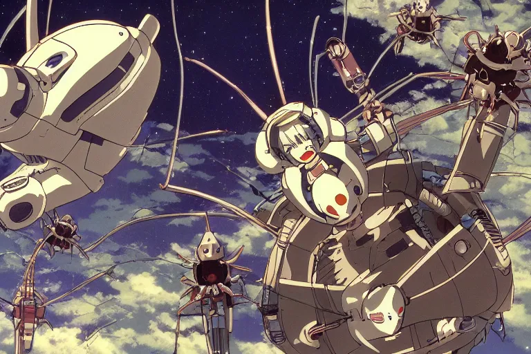 Image similar to still from anime sci-fi movie by Studio Ghibli, illustrations by Hayao Miyazaki, by Masamune Shirow