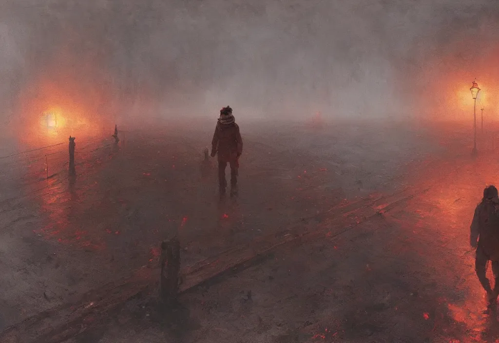 Image similar to a man standing on a burning bridge, artstation, jakub rozalski, high detail, dramatic lighting, night, fog